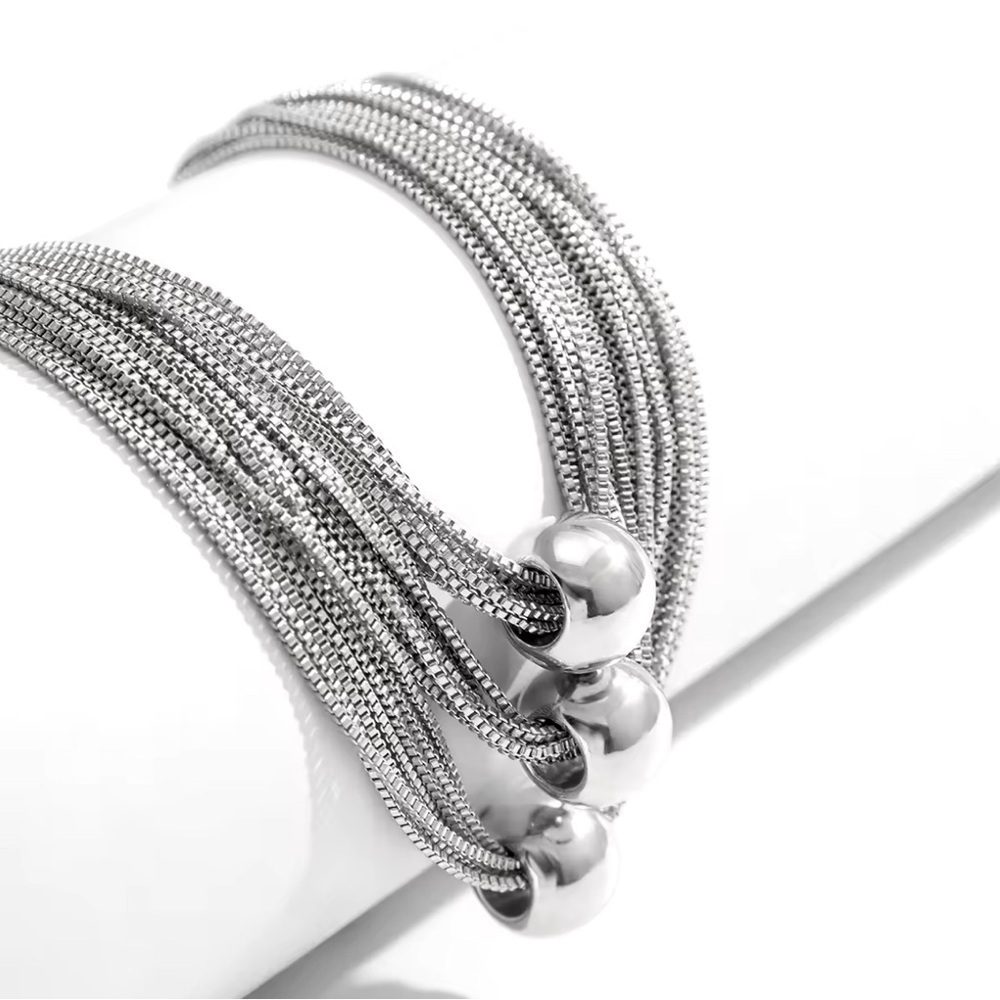 18K White Gold Plated Chunky Thick Layered Chain W/ Exaggerated Beads Necklace - Picture 6 of 7